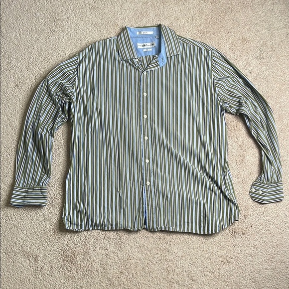 Henry Grethel Green and Blue Striped Casual Button Down Shirt - Picture 1 of 4